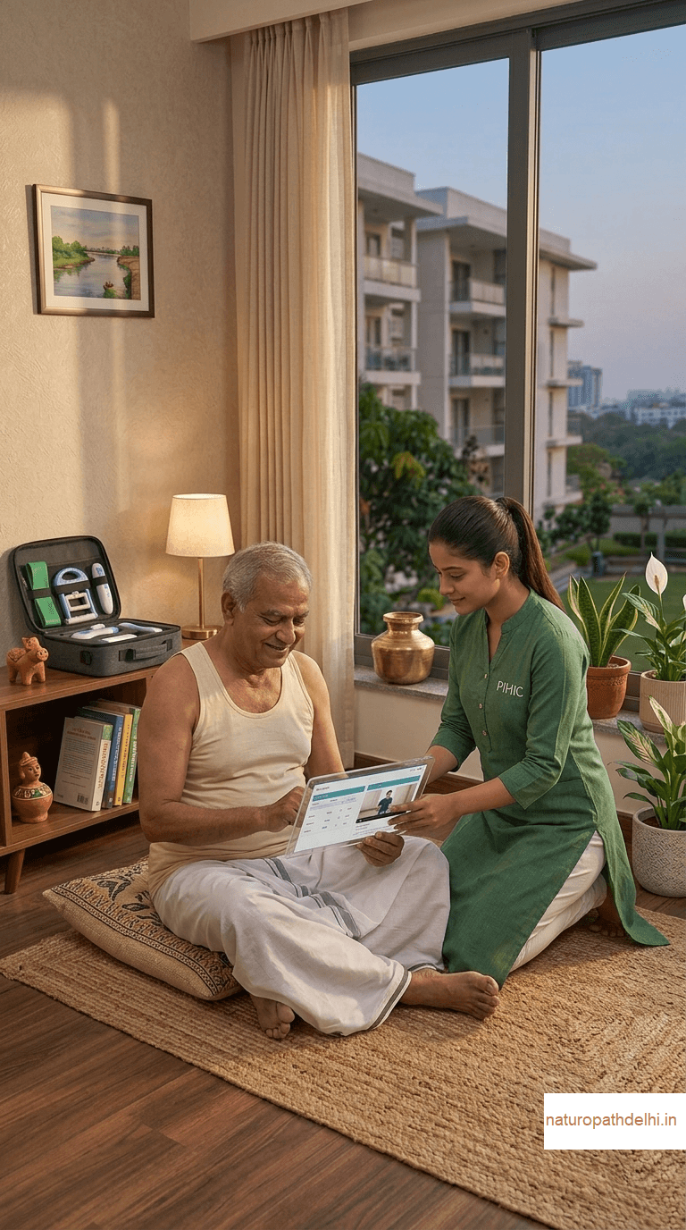 Showing physiotherapy process on patient by a physiotherapist of Delhi naturopathy